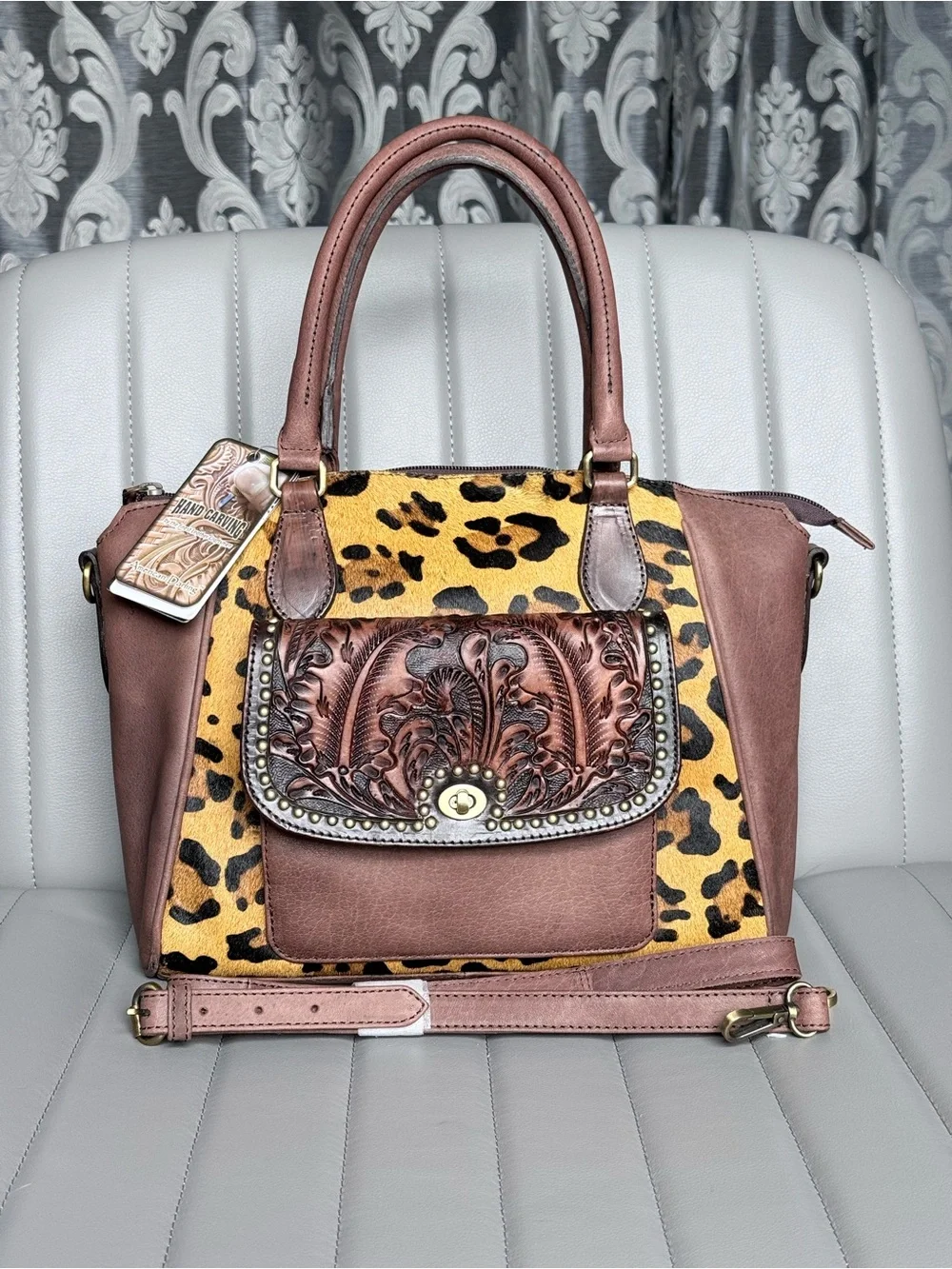 American Darling Leopard Tooled Leather Hair on Hide Cowhide Conceal Carry Bag